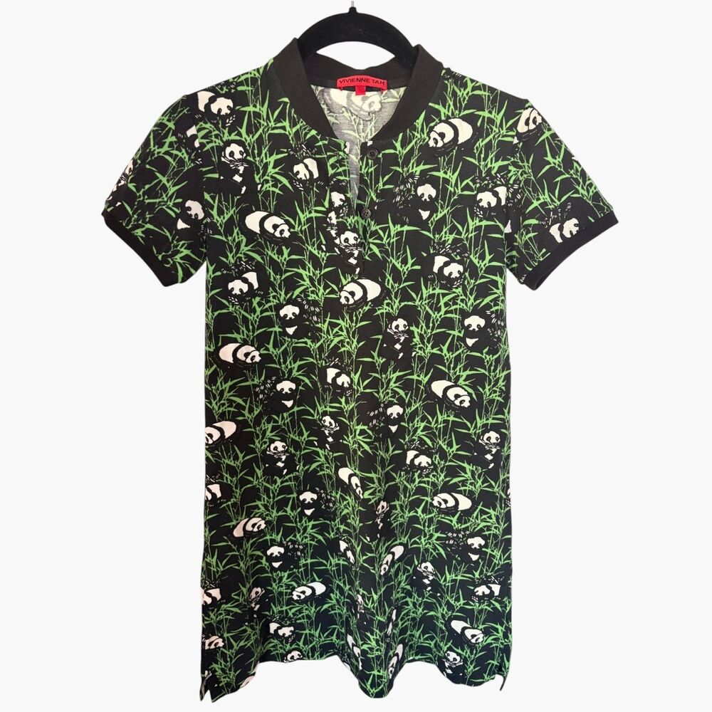 VIVIENNE TAM Y2K Black Panda Green Bamboo Mini Shirt Dress Size M Vintage RARE